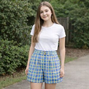VTG 90s High Waist Pleated Wide Leg Culotte Shorts JR's 13/14 Preppy Plaid 28x7"